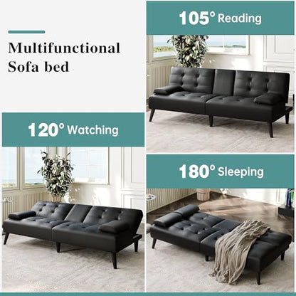 64" Futon Sofa Bed, Small Loveseat with 2 Cup Holders, Small Couch with 3 Adjustable Angles & Removable Armrest, Small Sofa for Small Space (PU Leather, Black)