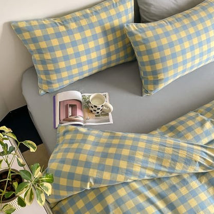 mixinni Plaid Duvet Cover Set Twin Yellow - Soft Washed Cotton Modern Geometric Bedding Set with 2 Pillowcases, Blue Green Gingham Grid Twin Duvet Cover for Men & Women, Soft & Lightweight - color: 04 - Yellow/Blue Plaid, size: Twin