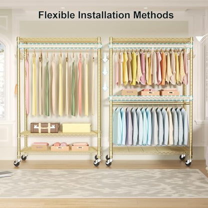P1 Plus Rolling Clothes Rack, 22mm Diameter Heavy Duty Garment Rack | Clothing Rack with Wheels, Portable Closets with Shelves and Hanger Rods, 45"W x 17.7"D x 80.5"H, Load 524lbs, Gold - color: Gold, size: P1 Plus