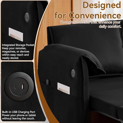 63" 3-in-1 Velvet Convertible Sleeper Sofa Bed, Modern Adjustable Backrest Loveseat Pull Out Couch with USB & Side Pocket, Small Space Love Seat Sofa Bed for Living Room, Bedroom, Black Velvet - color: Black