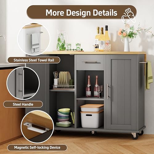 Shintenchi Kitchen Island with Storage, Bar Cart Cabinet Island Table on Wheels, Rolling Microwave Cart for Kitchen with Drop Leaf, Drawers, Towel Rack, Seating Area for Dining Room, Gray - color: Gray-42 Inch