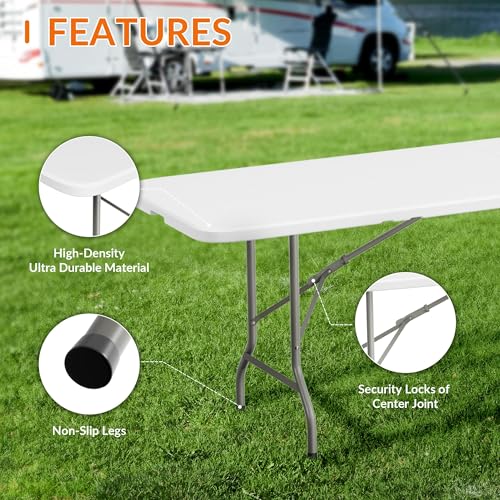 Elevon 8 Feet Heavy Duty Folding Table with Adjustable Height, Fold-in-Half Portable Table for Indoor Outdoor Use - Camping, Picnic, Party, Wedding, Dining, Utility Table - size: 8 feet
