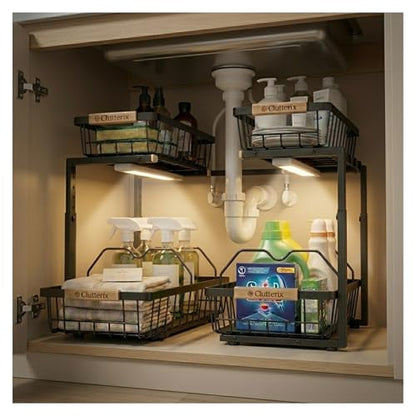 Under Sink Organizer with Motion-Activated LED Lights, 2 Pack, 2 Tier Sliding L-Shaped Carbon Steel Rack with Adjustable Height, Dividers & Hooks (Black) - color: Black