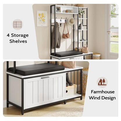 Hall Tree Coat Rack, Hall Tree With Bench and Shoe Storage Shoe With, Mud Room Storage Furniture，39.37 X 15.74 X 69.69 Inches, Rustic White - color: White