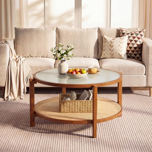 Giantex Rattan Coffee Table, 35" Farmhouse Glass Center Table with Storage, Frosted Tempered Glass Top & Solid Wood Leg, Small Accent Tea Table, Round Coffee Table for Living Room, Small Space, Walnut - color: Walnut