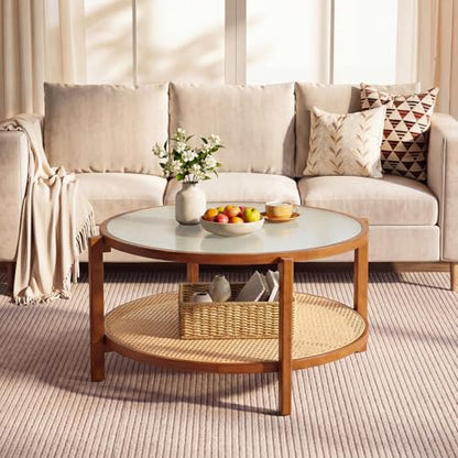 Giantex Rattan Coffee Table, 35" Farmhouse Glass Center Table with Storage, Frosted Tempered Glass Top & Solid Wood Leg, Small Accent Tea Table, Round Coffee Table for Living Room, Small Space, Walnut - color: Walnut