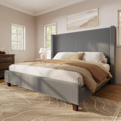 King Size Bed Frame with 50.8 Inch Corduroy Wingback Headboard, Gray | Modern Upholstered Platform Bed, Solid Wood Slats, No Box Spring Needed, Noise-Reducing Design - color: Grey, size: King