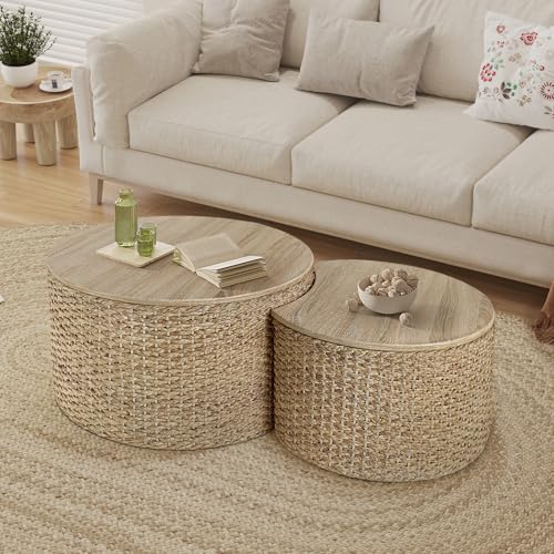 Nesting Coffee Table Set of 2, Rustic Crate and Barrel Coffee Table, Hand-Woven Woven Nesting Tables with Soild Wood Cover for Living Room, Bedroom - color: Beige White（under Cool Light）