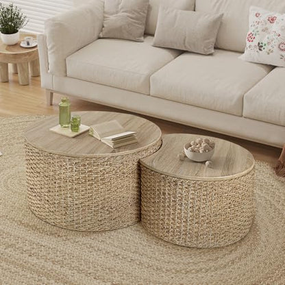 Nesting Coffee Table Set of 2, Rustic Crate and Barrel Coffee Table, Hand-Woven Woven Nesting Tables with Soild Wood Cover for Living Room, Bedroom - color: Beige White（under Cool Light）