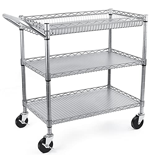 Heavy Duty 3 Tier Utility Cart,Wire Rolling Carts with Wheels, Commercial Grade Service Cart with Shelving Liners and Handle Bar Metal Carts for Kitchen Office Hardware - color: 990lbs Capacity Silver
