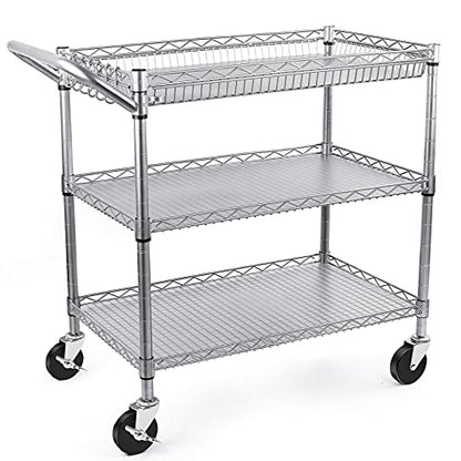 Heavy Duty 3 Tier Utility Cart,Wire Rolling Carts with Wheels, Commercial Grade Service Cart with Shelving Liners and Handle Bar Metal Carts for Kitchen Office Hardware - color: 990lbs Capacity Silver