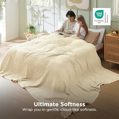 Bedsure Cooling Cotton Waffle Oversized King Blanket - Lightweight Breathable Blanket of Rayon Derived from Bamboo for Hot Sleepers, Natural, 120x96 Inches - color: 01 - Natural, size: Oversized King (120" X 96")