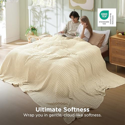 Bedsure Cooling Cotton Waffle Oversized King Blanket - Lightweight Breathable Blanket of Rayon Derived from Bamboo for Hot Sleepers, Natural, 120x96 Inches - color: 01 - Natural, size: Oversized King (120" X 96")