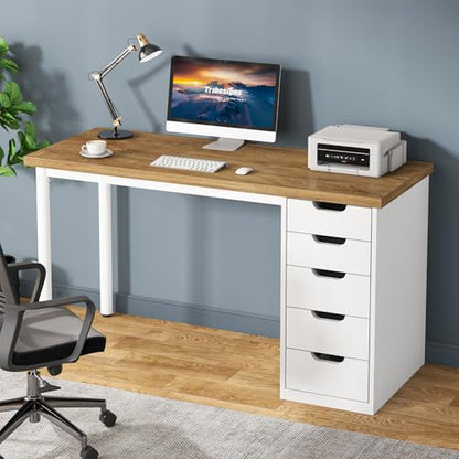 Tribesigns Computer Desk with 5 Drawers, 47 inches Rustic Brown Home Office Desk with Storage, Modern Simple Laptop Desk Study Writing Table for Small Spaces (1, Walnut+White) - color: Walnut+white