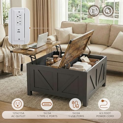 35” Farmhouse Coffee Table with Large Storage, Rustic Wood Lift Top Coffee Table for Living Room, Square Center Table with Charging Station&USB, Modern Port Pottery Barn Lift top Table - color: Black