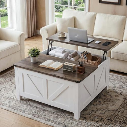 35” Farmhouse Coffee Table with Large Storage, Rustic Wood Lift Top Coffee Table for Living Room, Square Center Table with Charging Station&USB, Modern Port Pottery Barn Lift top Table - color: Grey