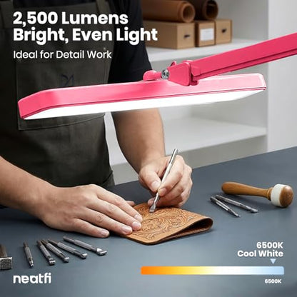 Neatfi XL 2,500 Lumens 30W LED Task Lamp for Manicure Table, Crafts, Workbench, Office – 22” Wide Shade Desk Light | Eye-Caring 6500K | 4-Level Brightness (Pink, Non-CCT with Clamp) - color: Pink