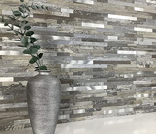 DICOFUN 10-Sheet Peel and Stick Backsplash Wall Tile, PVC Kitchen Backsplash Peel and Stick in Distressed Wood, 9.4 sq.ft - color: Distressed Wood and Metal Silver, size: 10 Sheets, 12’’x12’’x0.12’’