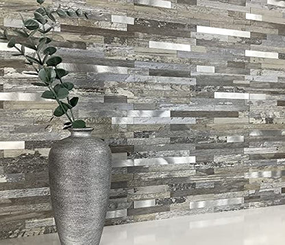 DICOFUN 10-Sheet Peel and Stick Backsplash Wall Tile, PVC Kitchen Backsplash Peel and Stick in Distressed Wood, 9.4 sq.ft - color: Distressed Wood and Metal Silver, size: 10 Sheets, 12’’x12’’x0.12’’