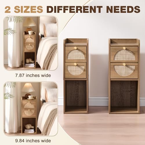 Narrow Nightstand Set of 2 (Rattan & Wood) - Small Bedside Table with 2 Drawers, Open Shelf, Mid Century Modern End Table - for Bedroom, Living Room & Small Spaces, Rustic Oak Rattan - color: Rustic Oak Rattan, size: 7.9"W (2 Pc)
