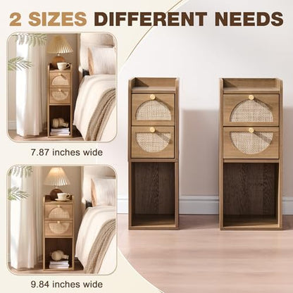 Narrow Nightstand Set of 2 (Rattan & Wood) - Small Bedside Table with 2 Drawers, Open Shelf, Mid Century Modern End Table - for Bedroom, Living Room & Small Spaces, Rustic Oak Rattan - color: Rustic Oak Rattan, size: 7.9"W (2 Pc)