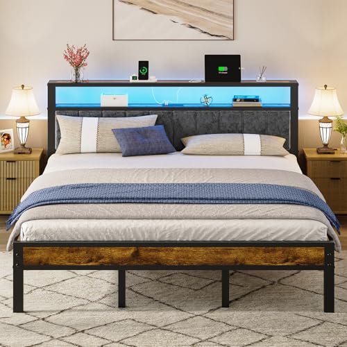 Liians King Size Bed Frame with LED Lights, Upholstered Headboard | Platform Bed with 2-Tier Storage Shelves, Charging Station, Noise Free, No Box Spring Needed, Easy Assemably - size: King