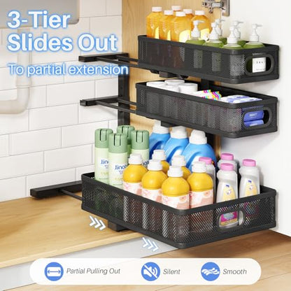 Under Sink Organizer, 3-Tier Thickened Metal Pull out Cabinet Organizer Shelf, Height Adjustable Slide out Storage Drawer Rack for Kitchen Bathroom Pantry Laundry Home Organization, 1-Pack, Black | 35% Extra Storage Capacity, Carbon Steel, Hold Up 55lbs,