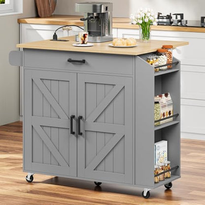 HOOBRO Kitchen Island with Drop Leaf Countertop & Power Outlet, Rolling Island Cart on Wheels, Kitchen Cart with Drawer & Spice Rack, Mobile Island Table for Kitchen, Natural and Grey GN86UZD01 - color: Natural + Grey