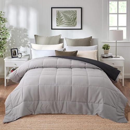 EVOLIVE Microfiber ReversibleComforter Full/Queen (Black/Grey) | Soft brushed microfiber with down-alternative fill offers medium-weight warmth, box stitching, and easy machine care. - color: Black/Grey, size: Full/Queen