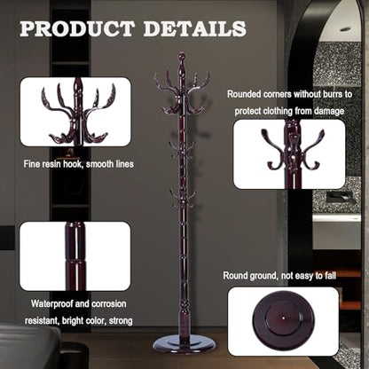 Coat Racks FreeStanding with 14 Hooks, Natural Wood Coat Rack with Solid Round Base, Adjustable Height Coat Racks, Easy Assembly for Hallway, Bedroom and Office (Solid Wood Fenghuang Gou) - color: Solid Wood Fenghuang Gou