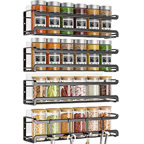 Bunoxea Spice Rack Wall Mounted 4 Pack, For Spice Jars & Seasonings,Black | 4 Removalble Hooks,Screw or Adhesive Hanging, Space-Saving,For Kitchen Cabinet, Pantry Door,Stove,RV Use,11.41x2.75x2.75in - color: Black, size: 4Pack