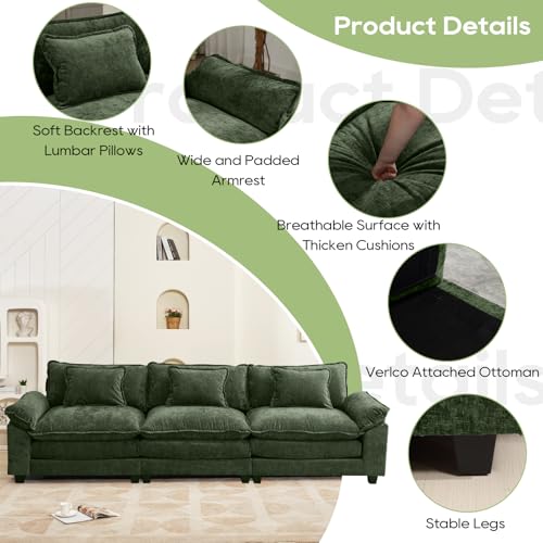 120" Modular Sectional Sofa, Comfy 3 Seater Deep Cloud Couch | Couches for Living Room, Modular Couch, Deep and Wide Seat, Chenille Sofa Sleeper with Throw Pillows, Green - color: Green, size: 120 Inch