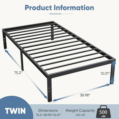 DUMOS Twin Bed Frames, 12 Inch Height Platform Bed Frame | Twin Size 12 Inch Bed Frame - Metal Platform Bed Frame Mattress Foundation With Steel Slat Support, No Box Spring Needed