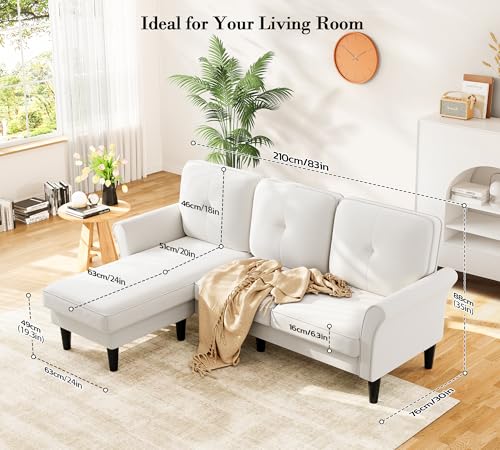 Small Sectional Couch, 83" L Shaped Couch, Modular Sectional Sofa, White | Comfy Velvet, Tool-Free Setup, 800 LBS Load Bearing, Movable Ottoman, Modern Couch, Sofas for Living Room, Bedroom Couch - color: White, size: 83" L Shape