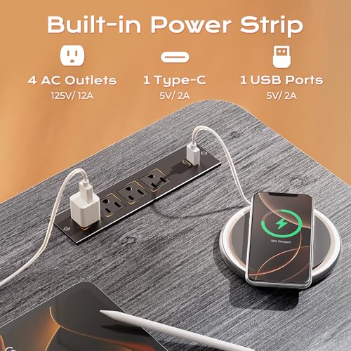 Huuger 전원 콘센트 및 USB-C 포트가 있는 전기 스탠딩 데스크, 139.9 x 61cm(55 x 24인치) 높이 조절 가능한 책상, 홈 오피스, 컴퓨터 및 게이밍 책상용 앉은 스탠드 데스크, 4개의 프리셋, 안정적인 스틸 프레임, 그레이 - color: 회색., size: 55.1 x 23.6 inch