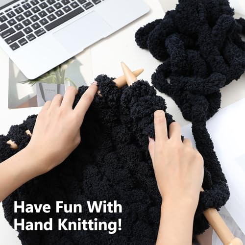 Cozyful Chunky Yarn for Hand Knitting - #10 Chunky Chenille Yarn, Jumbo Big Thick Chunky Yarns for Crocheting, Super Bulky Chunky Knit Blanket Yarns, 8 Skein (22 yds 8 oz Each Skein), Black - color: Black