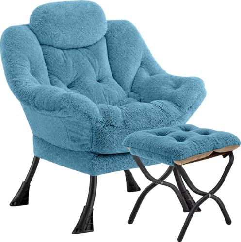 Lazy Chair with Folding Ottoman,Leisure Sofa Chair,Soft Fabric Armchair with Armrests and Side Pockets, Reading Chair with Footrest for Living Room, Bedroom, Office (Plush Blue) - color: Plush Blue