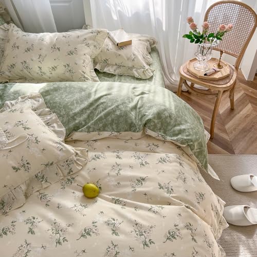 MKXI Botanical Floral Duvet Cover Twin Beige Girls Floral Ruffled Bedding Set Cottagecore Flower Comforter Cover Green Reversible Aesthetic Bed Set Cotton Elegant Style Students Duvet Cover - color: 001 Ruffle- Green Beige Botanical, size: Twin