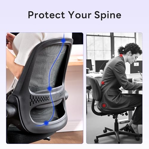 amseatec Ergonomic Mesh Desk Chair with Flip-Up Arms, Supports 300 lbs | Aerospace-grade frame, Mesh & 3" foam seat. 90-110° rocking, height adjustable, 360° swivel. - color: Black