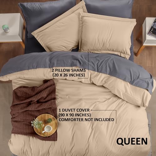 Duvet Cover Queen, 3 Piece Cotton Like Polyester With Zipper Closure, Beige | Extra Soft and Breathable, Wrinkle & Fade Resistant, Includes Duvet Cover and 2 Pillow Shams, Comforter Not Included, OekoTex - color: Beige, size: Queen - Duvet Cover Set