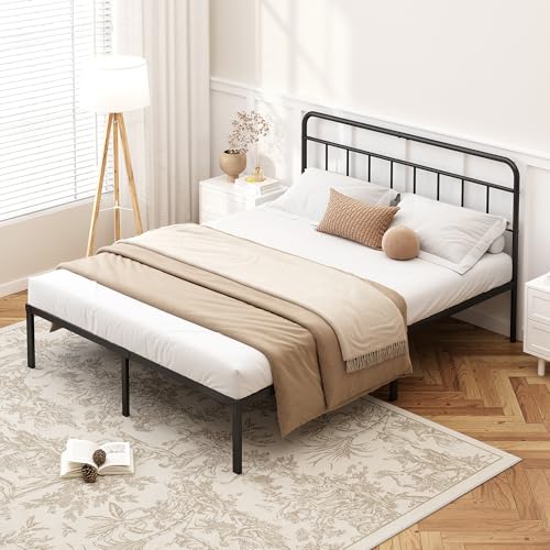 Kujielan 12 inches Full Size Bed Frame with Minimalist Headboard, Black | Metal Platform Base with Strong Metal Slats,Mattress Foundation for Under Bed Storage,Easy Assembly - size: Full