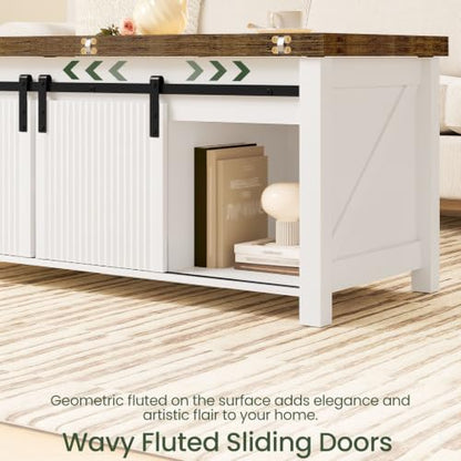 Lift Top Coffee Table, 4 in 1 Convertible Coffee Table, Farmhouse Coffee Tables, with Hidden Compartments, with Sliding Doors, for Living Room, Apartment, White and Walnut MKF01WL - color: White + Walnut