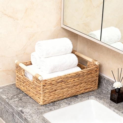Rectangle Water Hyacinth Wicker Storage Basket Organizer(Large) | Handwoven Shelf basket with Wooden Handles for Pantry & Closet - size: Large