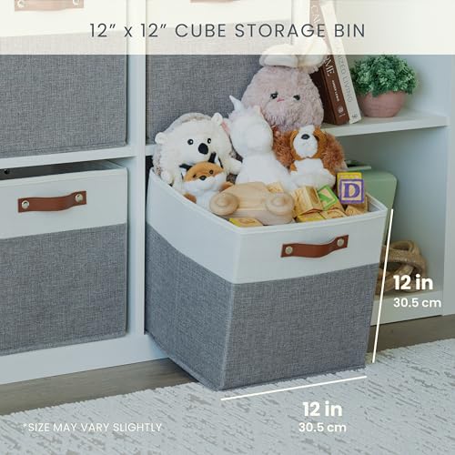 OrganiHaus 12x12 Cube Storage Bins, Set of 4 - Fabric Storage Cubes | Sturdy, holds its shape; odor-free; fits 12-inch cube shelves; vegan leather handles - color: Gray Base / Off-White, size: (12x12) Leather Handles