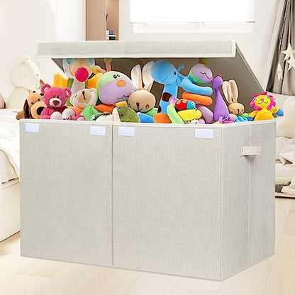 122L Large Toy Box Chest Storage with Lid, Collapsible Kids Toy Storage | Toy Chest with with Removable Divider for Kids, Boys, Girls, Nursery, Living Room, Bedroom, 26"x17" x17" (Linen Beige) - color: Extra Large Beige