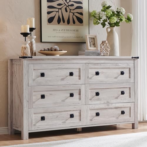 T4TREAM 54" Wide Farmhouse 6-Drawer Dresser for Bedroom, Antique Brush White - color: Antique Brush White, size: 15.8"D x 54"W x 31.3"H (6 Drawers)