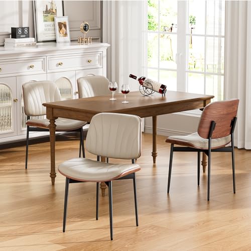 YaFiti Mid Century Dining Chairs Set of 2 with Walnut Bentwood, Greige | Ergonomic Walnut Backrest, Upholstered Waterproof PU Leather Seat, Stable Metal Legs, Adjustable Footpads, Apartment Friendly - color: Greige Scallop