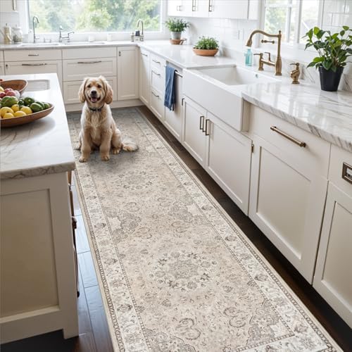 Hallway Washable Runner Rug - 2x10 Kitchen Rugs Entryway Rug Runner Vintage Soft Floor Mat Non Slip Indoor Farmhouse Carpet for Bathroom Living Room Bedroom (2 X 10, Beige) - color: Beige, size: 2' x 10' (Rectangular)