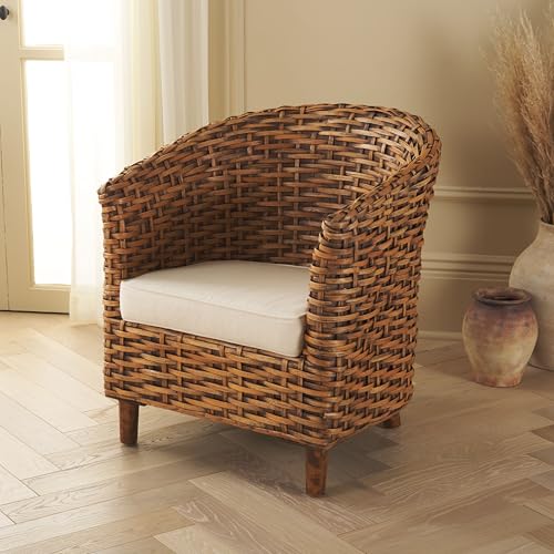 SAFAVIEH Home Collection Omni White/Honey Dark Brown Rattan Barrel Chair - color: White/Honey Dark Brown