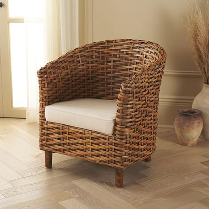 SAFAVIEH Home Collection Omni White/Honey Dark Brown Rattan Barrel Chair - color: White/Honey Dark Brown